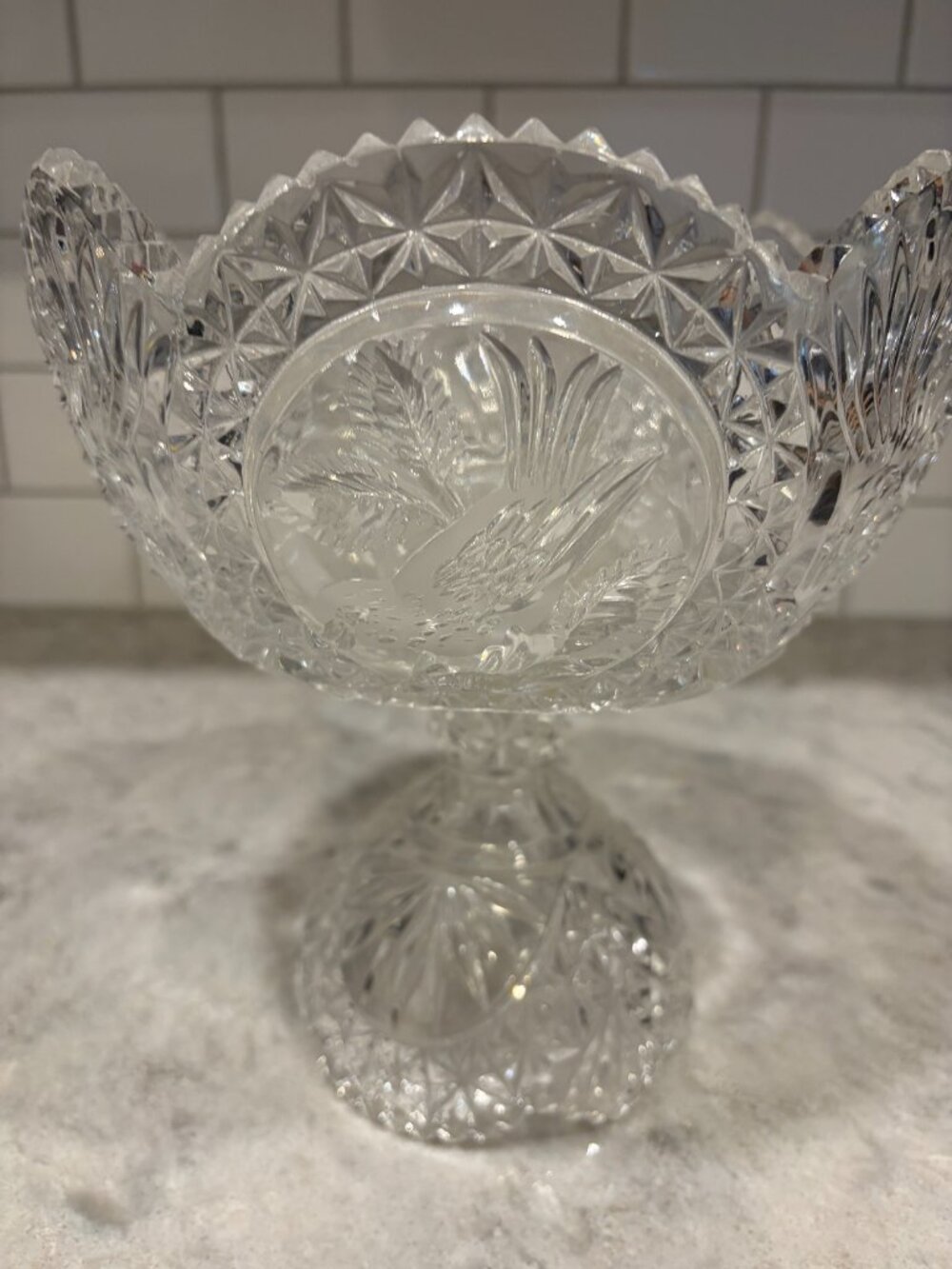 HOFBAUER Byrdes German Crystal Compote Bowl Etched Birds